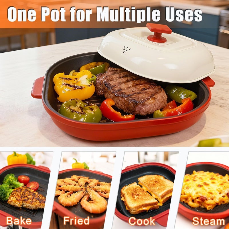 HJ Microwave Grill Pan with Cover, Microwave Cookware Multi-Use for Grilling, Frying, Browning and Crisping, Microwave Bacon Cooker Tray, Microwave Griller with Cover Safe and Easy to Clean (Red) - Image 3